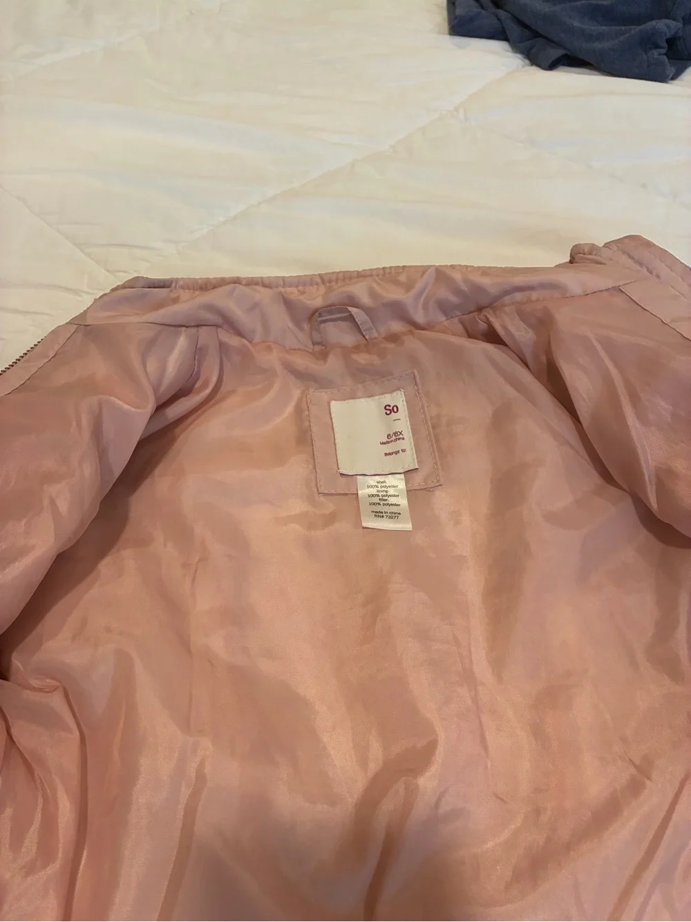 SO Girls' Quilted Puffer Jacket in Blush Pink with Gold Zippers